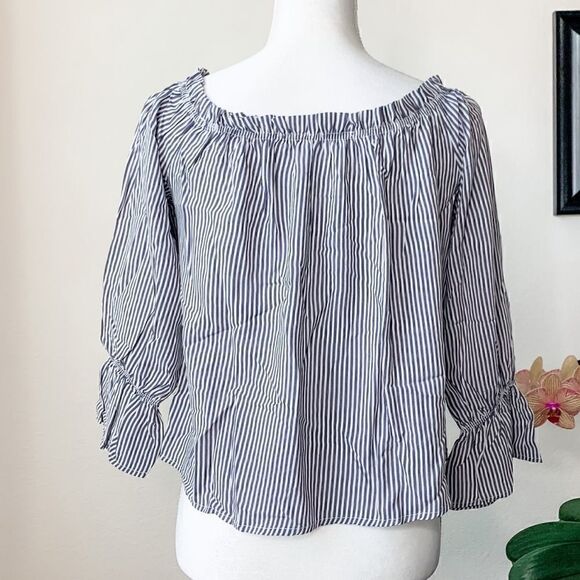 🍋 Button Down Striped Boho Peasant Top - Picture 4 of 5